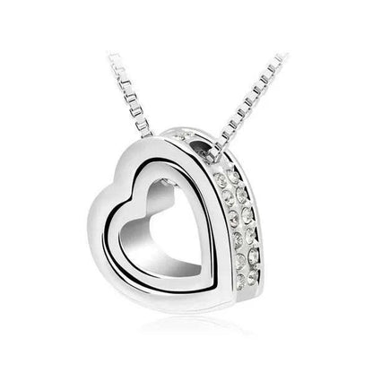 quality float double Heart Pendant sweater chain Necklace crystal shine rhinestone charm birthday gift girls wed fashion jewelry