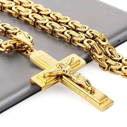 Religious Men Stainless Steel Crucifix Cross Pendant Necklace Heavy Byzantine Chain Necklaces Jesus Christ Holy Jewelry Gifts