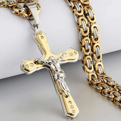 Religious Men Stainless Steel Crucifix Cross Pendant Necklace Heavy Byzantine Chain Necklaces Jesus Christ Holy Jewelry Gifts