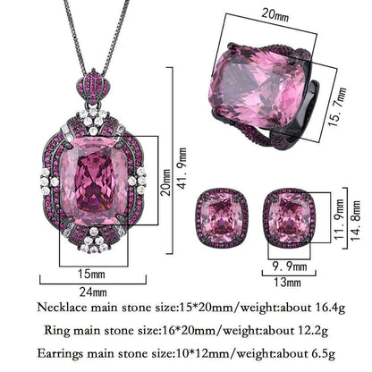 Retro Luxury Lab Pink Quartz Gemstone Necklace Pendant Ring Earrings Cocktail Party Fine Jewelry Sets for Women Accessories Gift