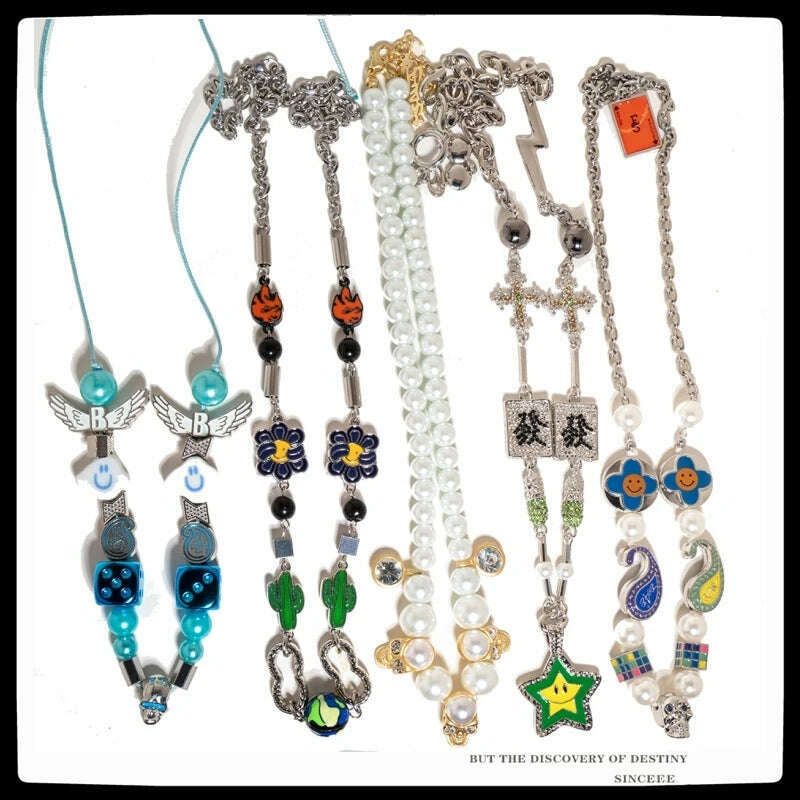 SALUTE ACADEMY EVA Hip Hop Punk Diamond Pearl Skull Personality Cool Necklace Set For Men Women Girls Party Rapper Jewelry Gift