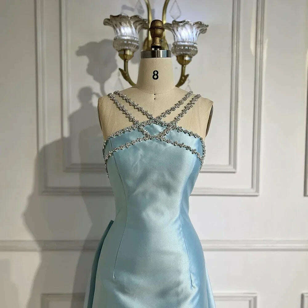 Serene Hill 2025 Customized Blue Satin Halter With Overskirt Mermaid Beaded Evening Dresses Gowns for Formal Occasion BLA72524
