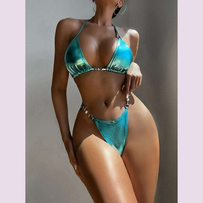 Sexy Micro Bikini 2024 Women Swimwear Metallic Halter Triangle Bikinis Sets Thong Swimsuit Female Bathing Suit Brazilian Biquini