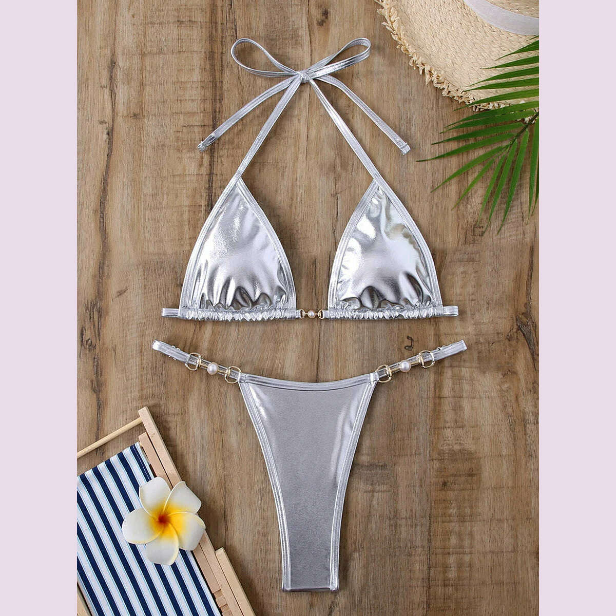 Sexy Micro Bikini 2024 Women Swimwear Metallic Halter Triangle Bikinis Sets Thong Swimsuit Female Bathing Suit Brazilian Biquini