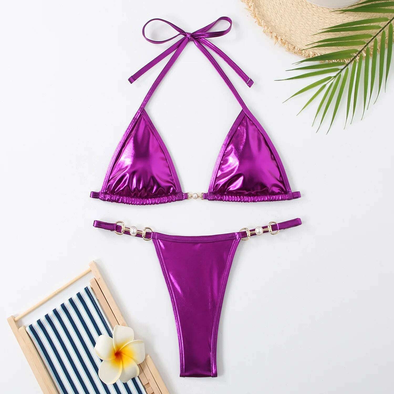 Sexy Micro Bikini 2024 Women Swimwear Metallic Halter Triangle Bikinis Sets Thong Swimsuit Female Bathing Suit Brazilian Biquini