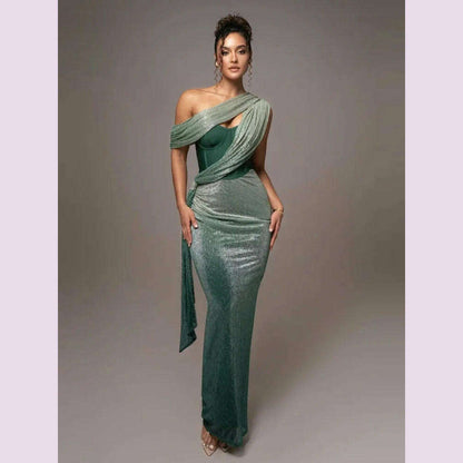 Sexy One Shoulder Draped Glitter Long Dress Women Brown Corset Sparkly Backless Bodycon Maxi Dresses Evening Party Gowns