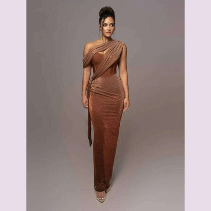 Sexy One Shoulder Draped Glitter Long Dress Women Brown Corset Sparkly Backless Bodycon Maxi Dresses Evening Party Gowns