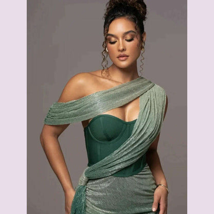 Sexy One Shoulder Draped Glitter Long Dress Women Brown Corset Sparkly Backless Bodycon Maxi Dresses Evening Party Gowns