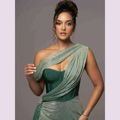 Sexy One Shoulder Draped Glitter Long Dress Women Brown Corset Sparkly Backless Bodycon Maxi Dresses Evening Party Gowns