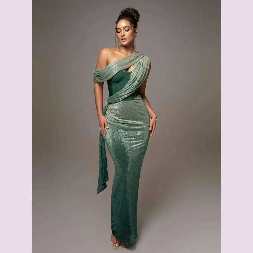 Sexy One Shoulder Draped Glitter Long Dress Women Brown Corset Sparkly Backless Bodycon Maxi Dresses Evening Party Gowns