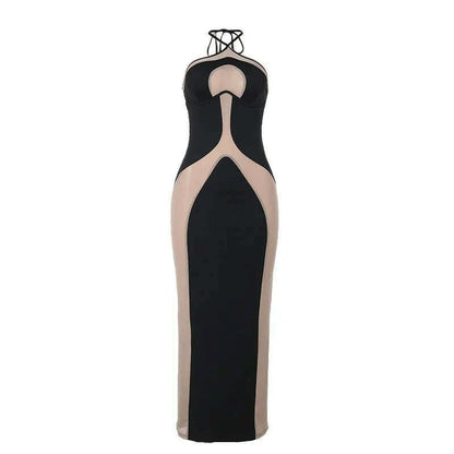 Sexy See Through Bodycon Maxi Dresses Women Halter Black Mesh Patchwork Slim Long Dress Party Club Streetwear Vestidos
