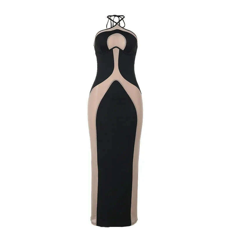 Sexy See Through Bodycon Maxi Dresses Women Halter Black Mesh Patchwork Slim Long Dress Party Club Streetwear Vestidos