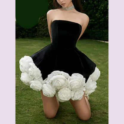 Sexy Strapless 3D Flower A-Line Mini Dress Women SleevelessFloral Slim Velvet Dresses Elegant Evening Party Cocktail Gown