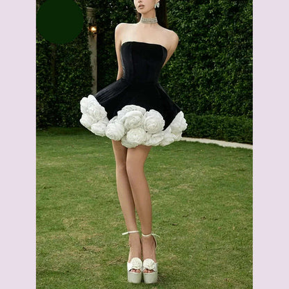 Sexy Strapless 3D Flower A-Line Mini Dress Women SleevelessFloral Slim Velvet Dresses Elegant Evening Party Cocktail Gown