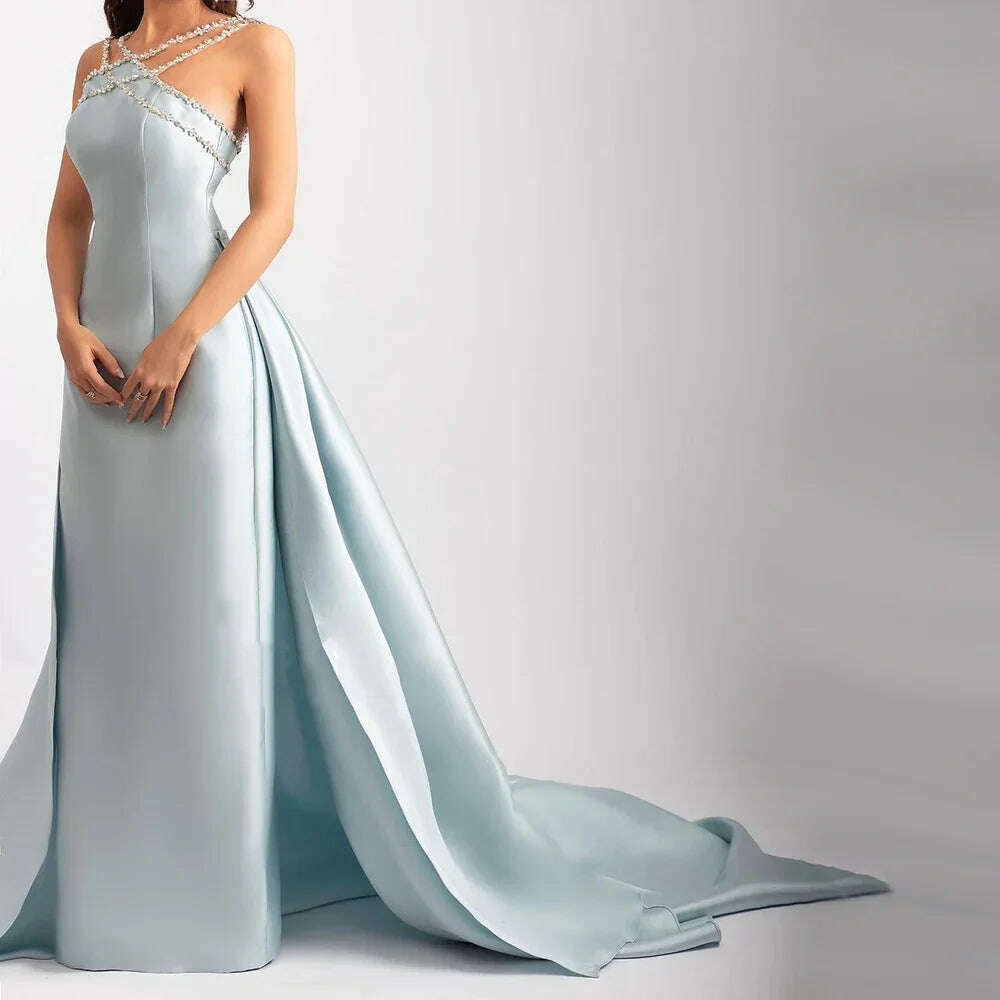 Sharon Said Elegant Light Blue Satin Arabic Evening Dress for Women Weding Overskirt Formal Party Gowns SF048 Customized