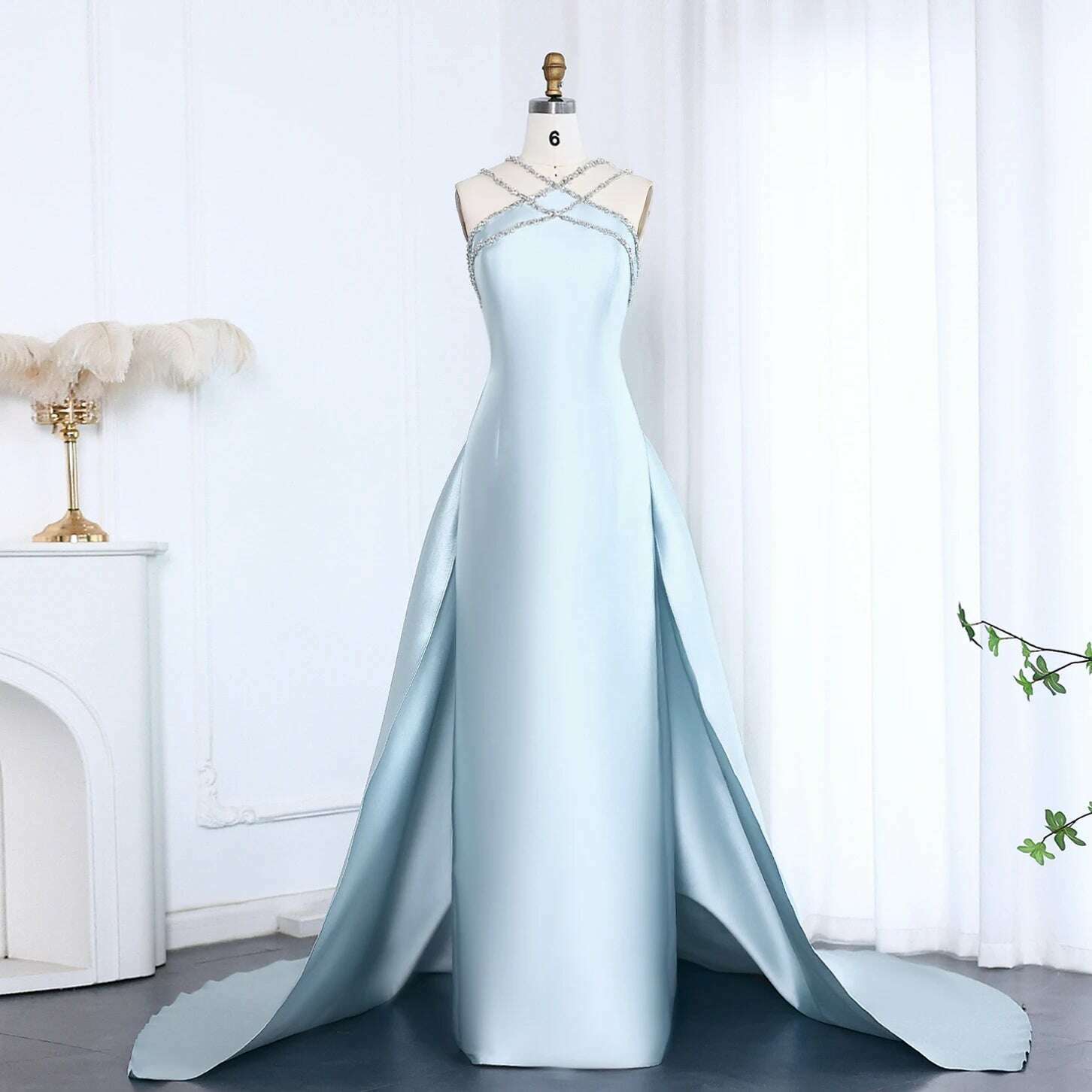 Sharon Said Elegant Light Blue Satin Arabic Evening Dress for Women Weding Overskirt Formal Party Gowns SF048 Customized