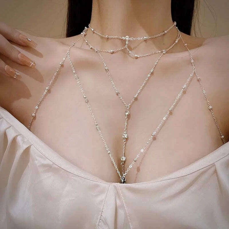 Shiny Rhinestones Tassel Sexy Chest Chain for Women Girls Fashion Metal Bra Cross Bikini Within Hollow Body Chain Jewelry