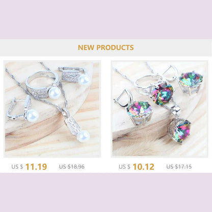 Silver 925 Women Bridal Jewelry Sets Rainbow Cubic Zirconia Costume Jewellery Wedding Earrings Rings Bracelets Pendant Necklace