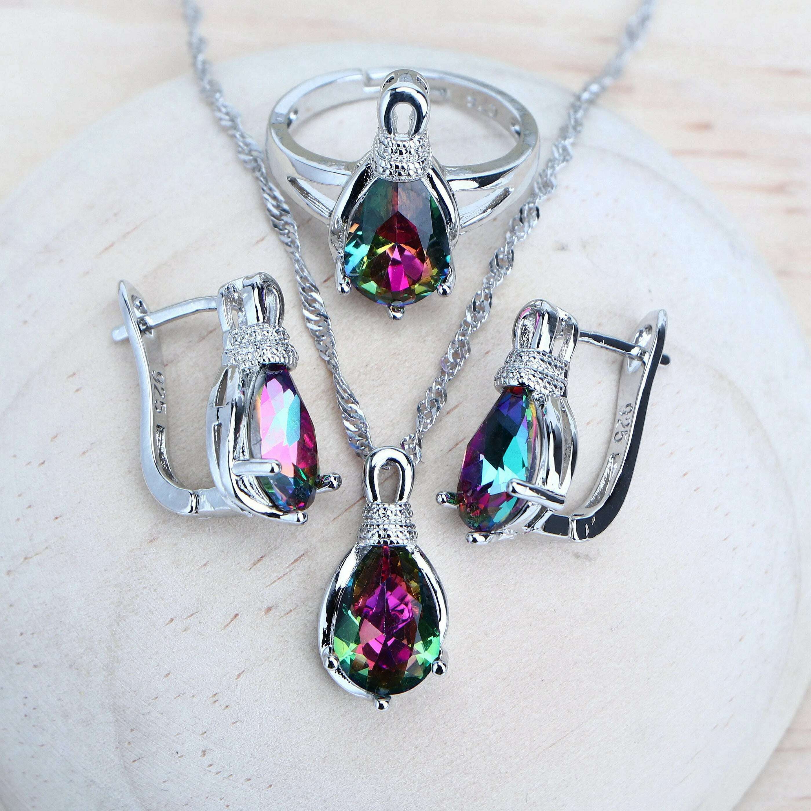 Silver 925 Women Bridal Jewelry Sets Wedding Costume Jewellery Rainbow Cubic Zirconia Earrings Rings Bracelets Pendant Necklace