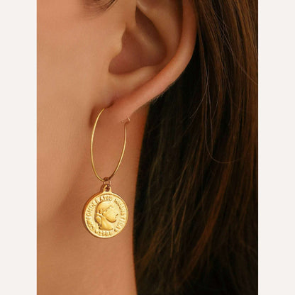 Stainless Steel Earrings Elegance Coins Queen's Portrait Baroque Pendants Temperament Fashion Hoop Earrings For Women Jewelry