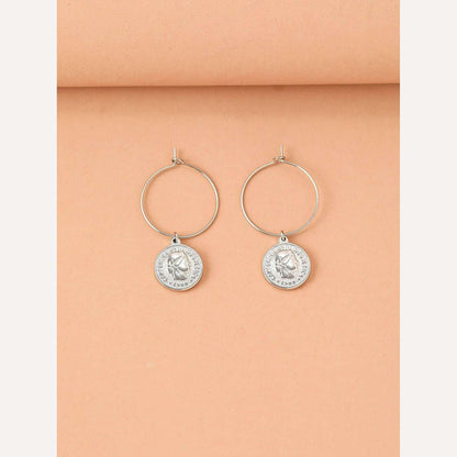 Stainless Steel Earrings Elegance Coins Queen's Portrait Baroque Pendants Temperament Fashion Hoop Earrings For Women Jewelry