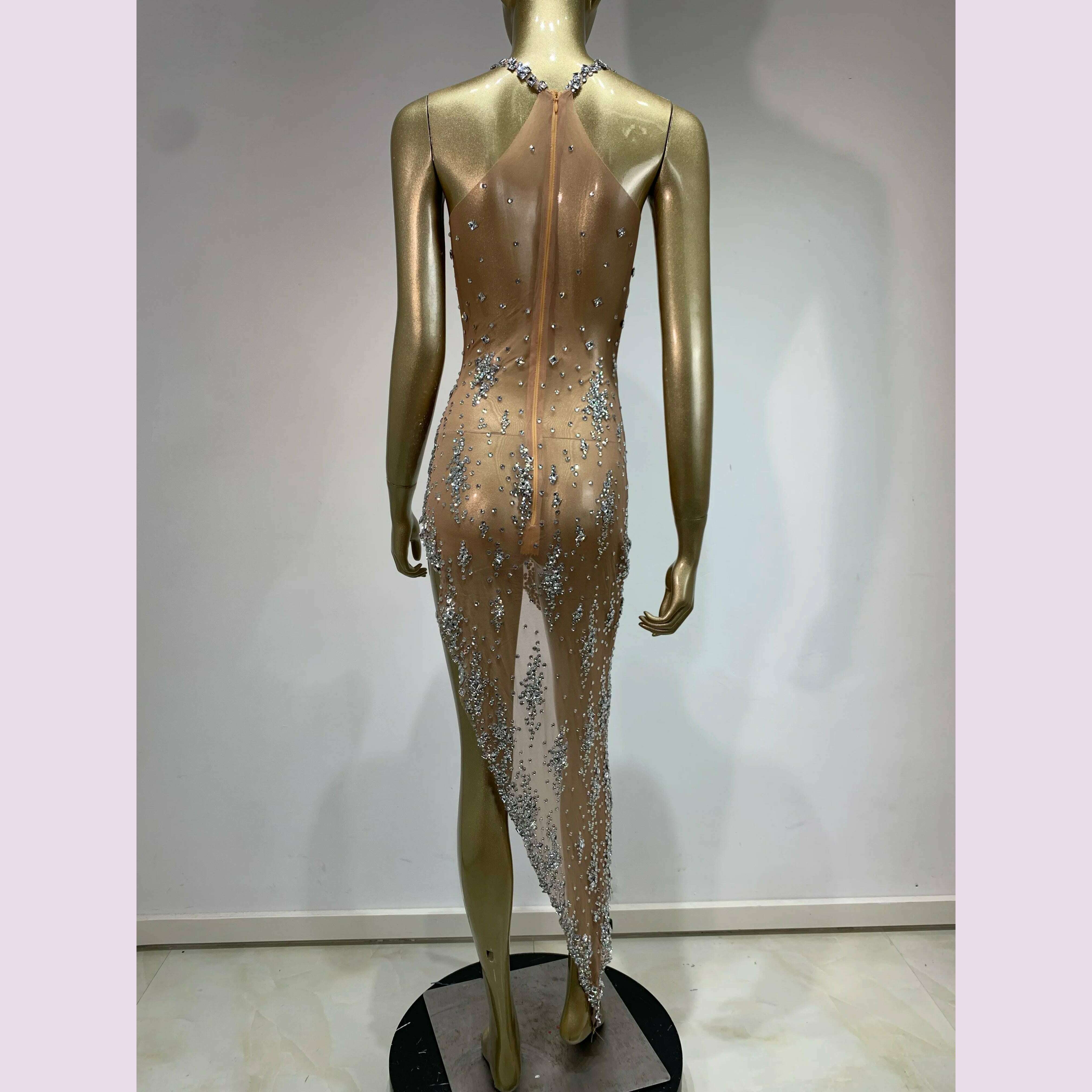 Stock Sparkly Rhinestone Evening Dress Women Celebrity Birthday Wear Sexy See Through Mesh Photo Shoot Stage performance Costume