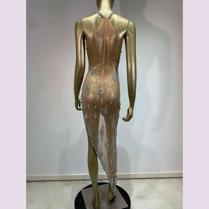 Stock Sparkly Rhinestone Evening Dress Women Celebrity Birthday Wear Sexy See Through Mesh Photo Shoot Stage performance Costume