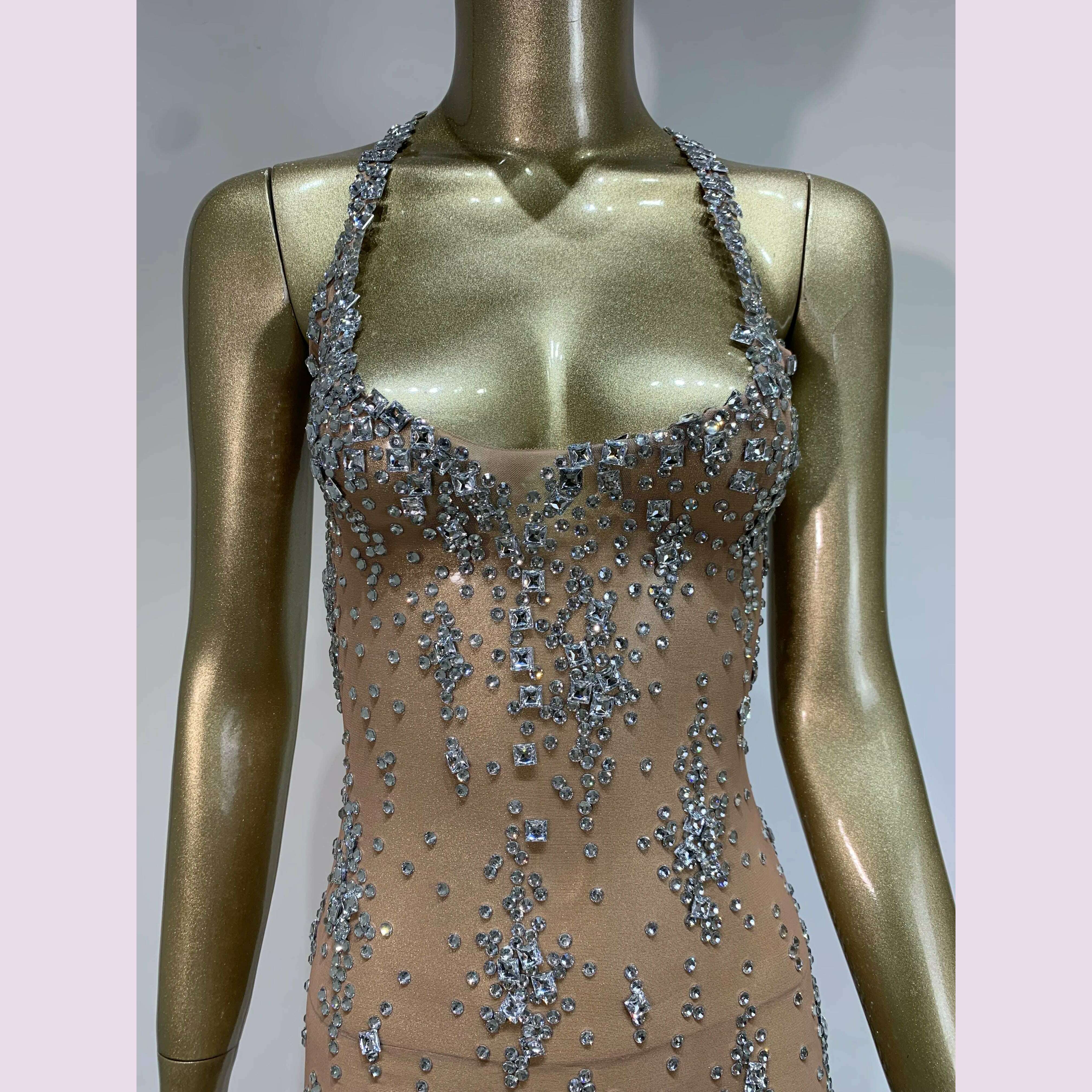 Stock Sparkly Rhinestone Evening Dress Women Celebrity Birthday Wear Sexy See Through Mesh Photo Shoot Stage performance Costume