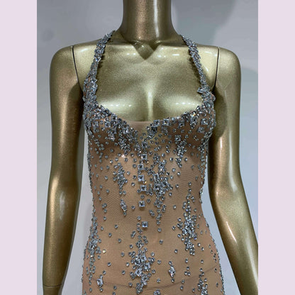 Stock Sparkly Rhinestone Evening Dress Women Celebrity Birthday Wear Sexy See Through Mesh Photo Shoot Stage performance Costume