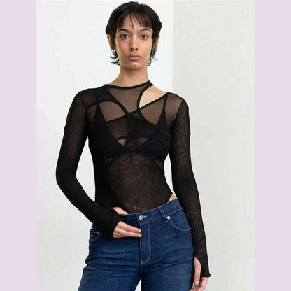 Summer Solid Color Bodysuit See-Through Sexy Hollow Design Women Top Jumpsuits Slim Fit For High Street Clubwear Female