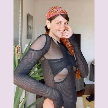 Summer Solid Color Bodysuit See-Through Sexy Hollow Design Women Top Jumpsuits Slim Fit For High Street Clubwear Female