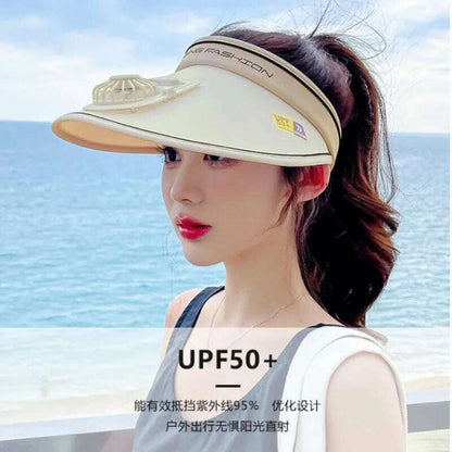 Sun Visor Women Hats with Fan-Three Temp Settings-Large Area Sun Protection Adjustable Elastic Buckle