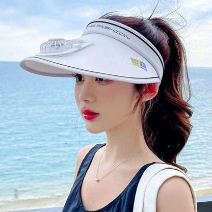 Sun Visor Women Hats with Fan-Three Temp Settings-Large Area Sun Protection Adjustable Elastic Buckle