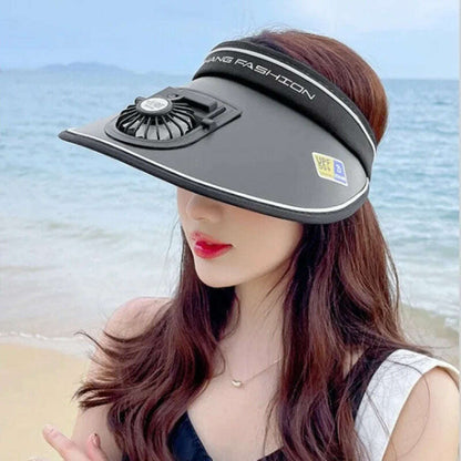 Sun Visor Women Hats with Fan-Three Temp Settings-Large Area Sun Protection Adjustable Elastic Buckle