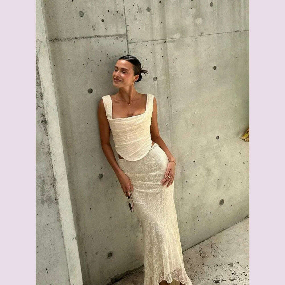 Suninheart Elegant Women 2 Piece Dress Set 2023 Maxi Wedding Guest Dress Lace Up Crop Top and Maxi Skirt Set Formal Event Dress