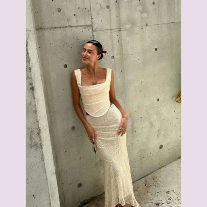 Suninheart Elegant Women 2 Piece Dress Set 2023 Maxi Wedding Guest Dress Lace Up Crop Top and Maxi Skirt Set Formal Event Dress