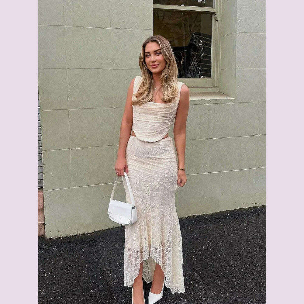 Suninheart Elegant Women 2 Piece Dress Set 2023 Maxi Wedding Guest Dress Lace Up Crop Top and Maxi Skirt Set Formal Event Dress