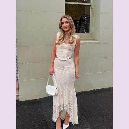 Suninheart Elegant Women 2 Piece Dress Set 2023 Maxi Wedding Guest Dress Lace Up Crop Top and Maxi Skirt Set Formal Event Dress