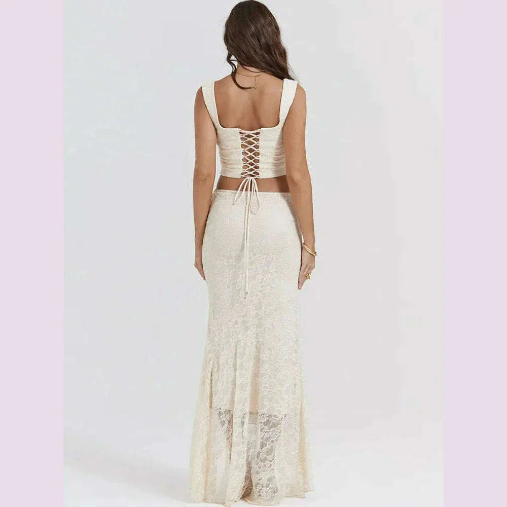 Suninheart Elegant Women 2 Piece Dress Set 2023 Maxi Wedding Guest Dress Lace Up Crop Top and Maxi Skirt Set Formal Event Dress