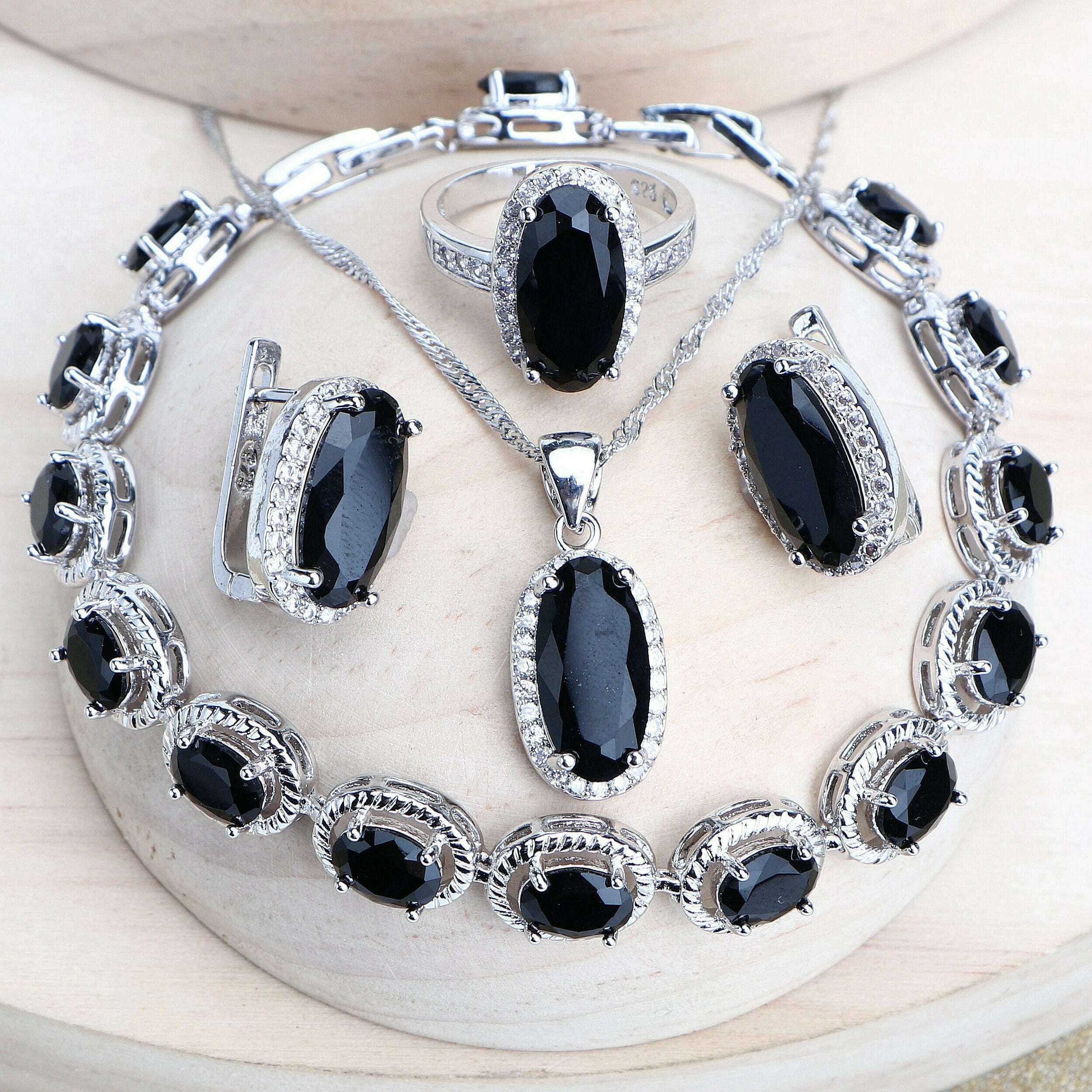Trendy Women Bridal Jewelry Sets Silver 925 Black Cubic Zirconia Jewellery Wedding Earrings Rings Bracelets Pendant Necklace