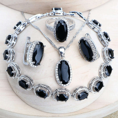 Trendy Women Bridal Jewelry Sets Silver 925 Black Cubic Zirconia Jewellery Wedding Earrings Rings Bracelets Pendant Necklace