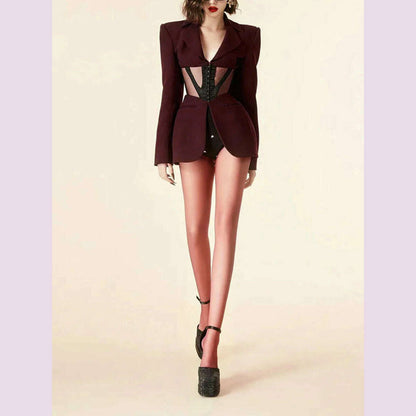 TWOTWINSTYLE Patchwork Sheer Mesh Sexy Blazers For Women Notched Collar Long Sleeve Spliced Pocket Female Fashion Clothing New