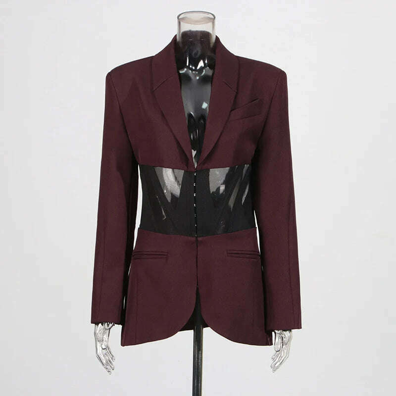 TWOTWINSTYLE Patchwork Sheer Mesh Sexy Blazers For Women Notched Collar Long Sleeve Spliced Pocket Female Fashion Clothing New