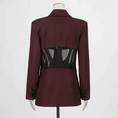 TWOTWINSTYLE Patchwork Sheer Mesh Sexy Blazers For Women Notched Collar Long Sleeve Spliced Pocket Female Fashion Clothing New