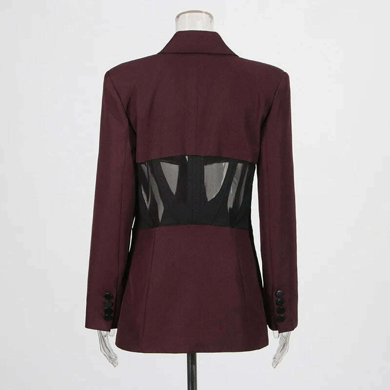 TWOTWINSTYLE Patchwork Sheer Mesh Sexy Blazers For Women Notched Collar Long Sleeve Spliced Pocket Female Fashion Clothing New