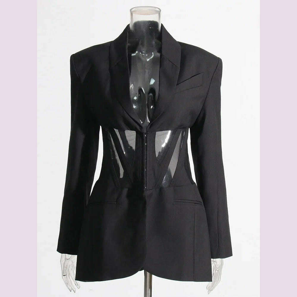 TWOTWINSTYLE Patchwork Sheer Mesh Sexy Blazers For Women Notched Collar Long Sleeve Spliced Pocket Female Fashion Clothing New