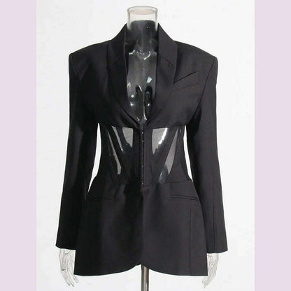 TWOTWINSTYLE Patchwork Sheer Mesh Sexy Blazers For Women Notched Collar Long Sleeve Spliced Pocket Female Fashion Clothing New
