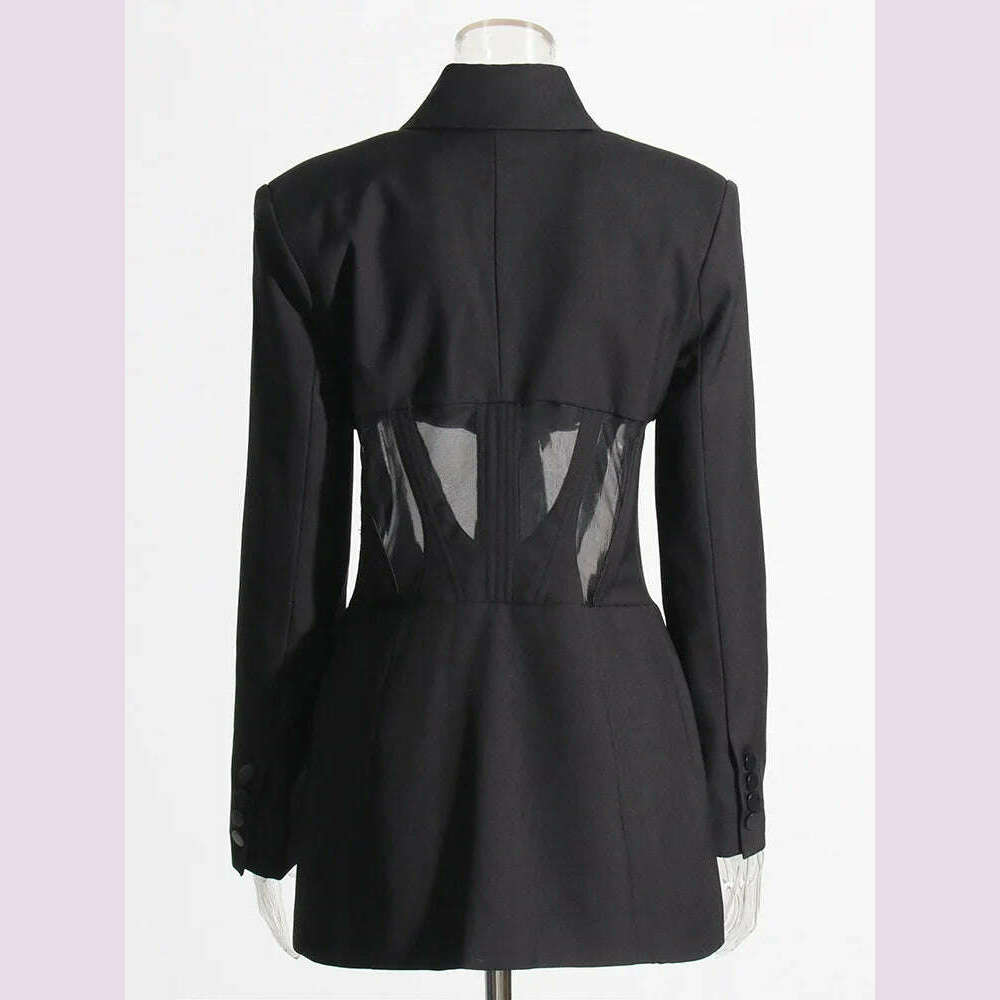 TWOTWINSTYLE Patchwork Sheer Mesh Sexy Blazers For Women Notched Collar Long Sleeve Spliced Pocket Female Fashion Clothing New