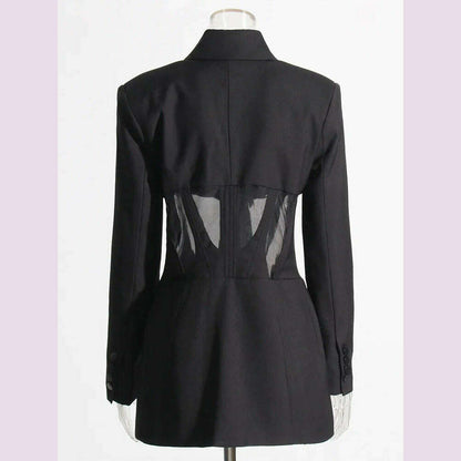 TWOTWINSTYLE Patchwork Sheer Mesh Sexy Blazers For Women Notched Collar Long Sleeve Spliced Pocket Female Fashion Clothing New