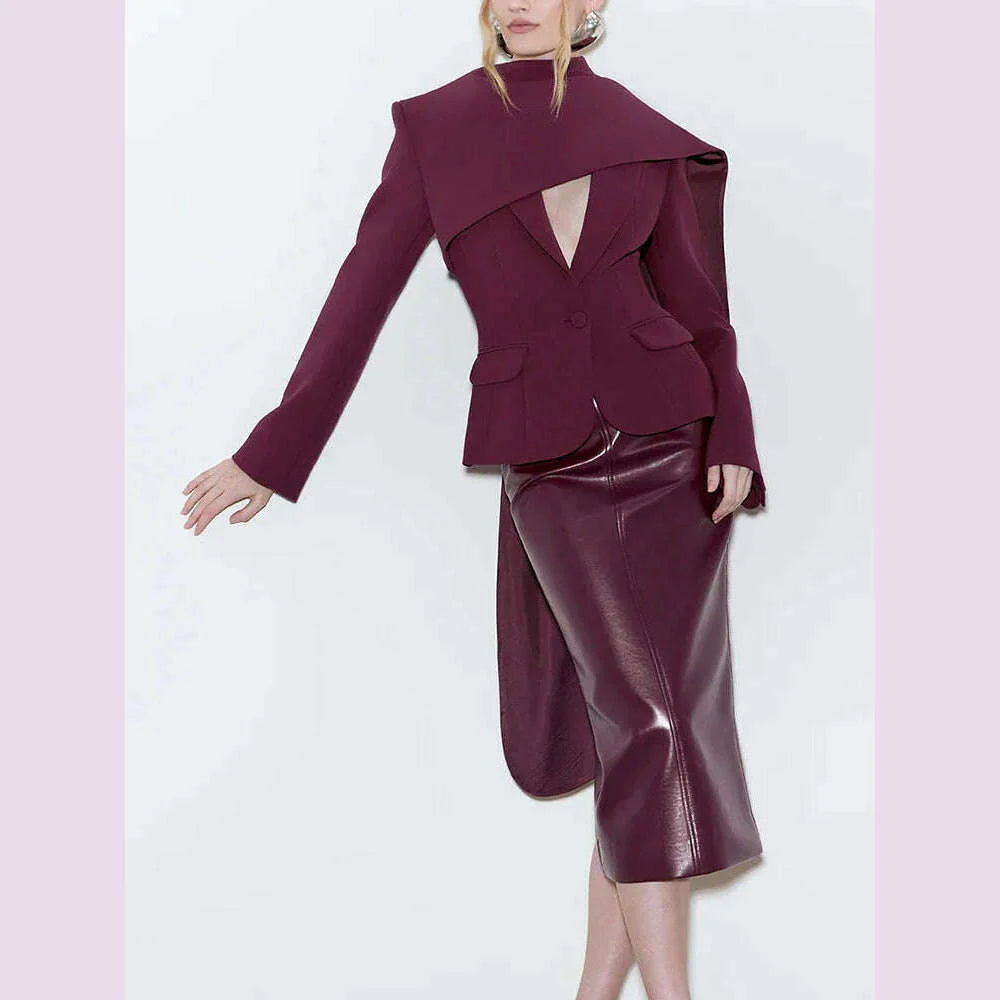 TWOTWINSTYLE Solid Spliced Pockets Jackets For Women Scarf Collar Long Sleeve Temperament Designer Coats Female Fashion Style